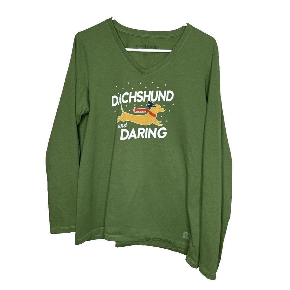Life is Good Size L V Neck Crusher Long Sleeve Tee Shirt Dogs Dachshund & Daring